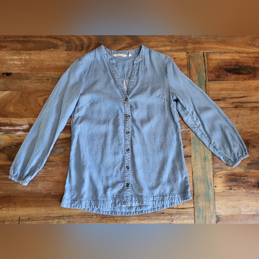 Soft Surroundings Women XS Blue Long Sleeve Tunic Denim-like Button Up Cottage